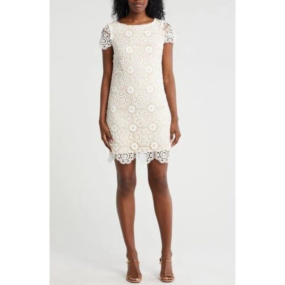 Eliza J Ivory Short-Sleeve Floral Lace Overlay Sheath Dress With Scalloped Hem